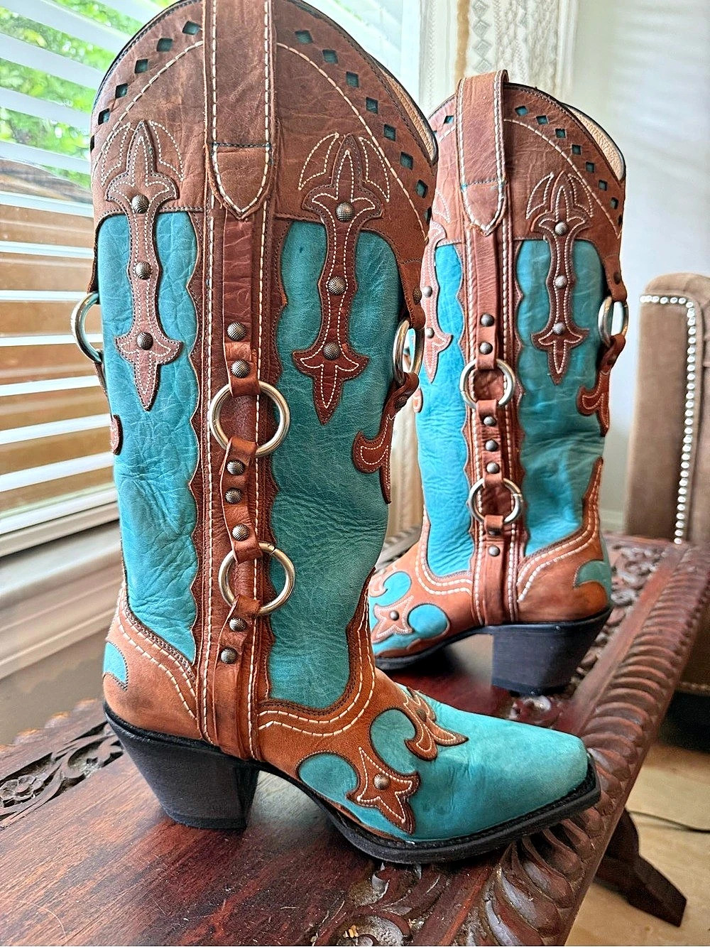 J. B. Dillon Women's Embellished Heeled Boots in Teal & Brown